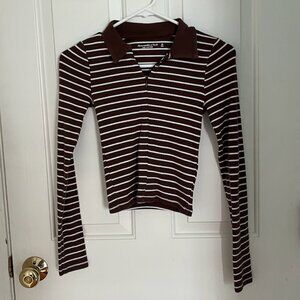 Abercrombie Brown Stripe Long Sleeve Zip Polo Top
